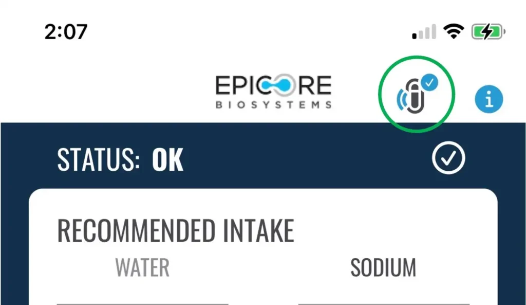 Epicore Biosystems app showing connected module & intake status